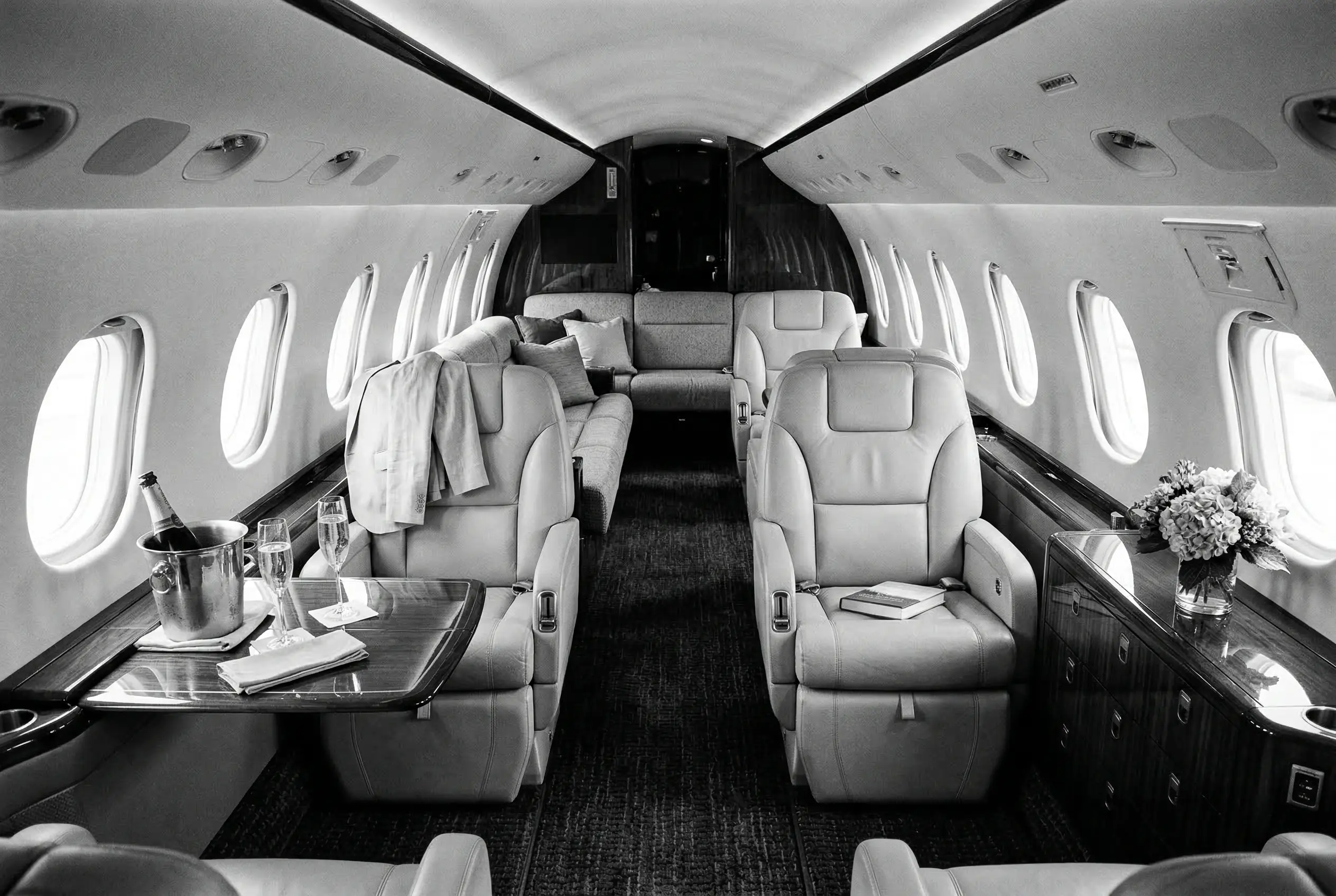 Spacious private jet cabin interior with leather seats and natural light
