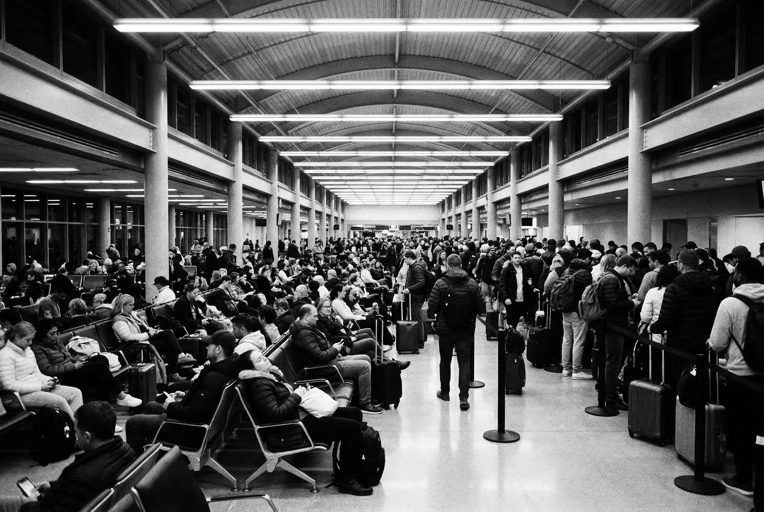Crowded commercial airport departure hall during peak travel hours